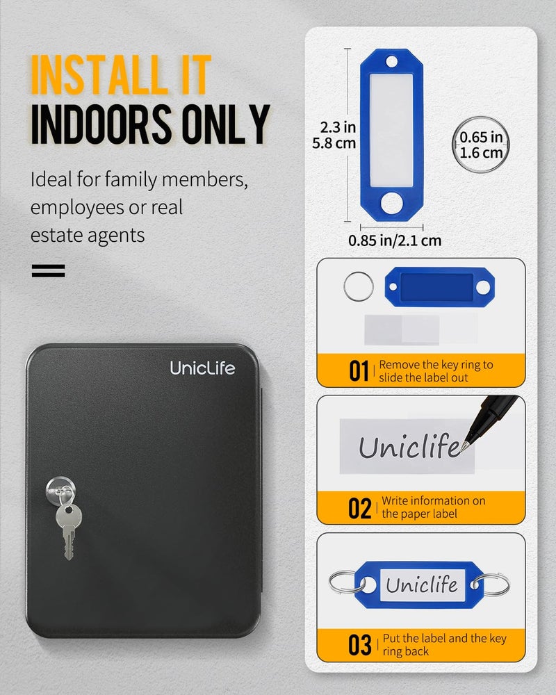 Uniclife Steel Key Cabinet Wall Mounted Organizer - 28 Keys, 2 Unlocking Keys - Black Frosted Security Box with Hooks and Color-Coded Labels - Image 5
